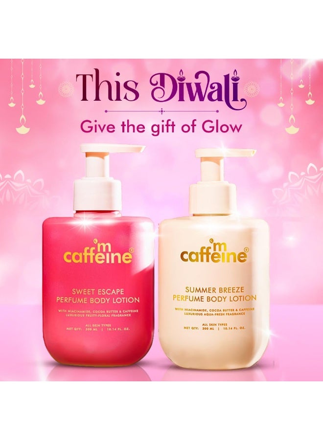 إم كافيين مجموعة لوشن الجسم المعطر من إم كافيين - سويت إسكيب ونسيم الصيف | نياسيناميد، كاكاو وزبدة الشيا | ترطيب عميق للبشرة الجافة في الشتاء | لوشن جسم خفيف الوزن وغير لزج للاستخدام اليومي | هدية سانتا السرية للنساء/الرجال | عيد الميلاد | رائحة الفواكه والماء - 300 مل × 2 - Image 4